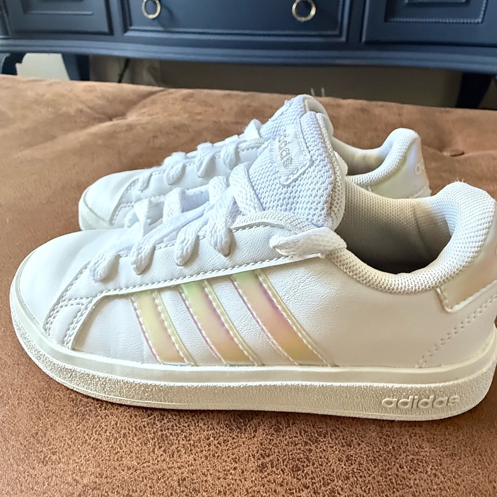 Adidas Kids White Sneakers with Rainbow Stripes Size12